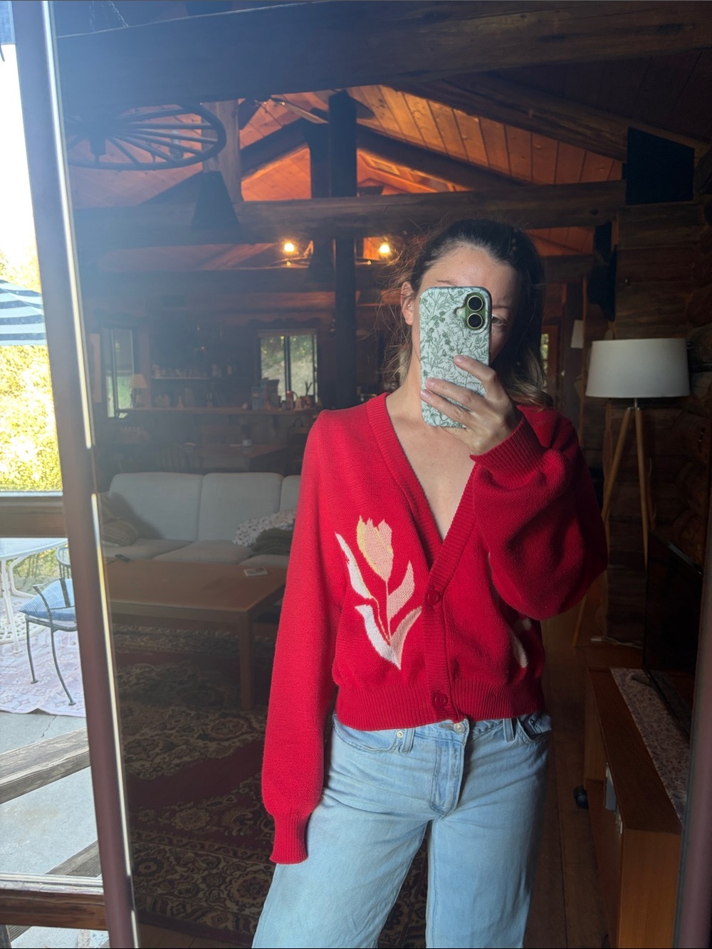 Red Floral Button-Front Cardigan Sweater